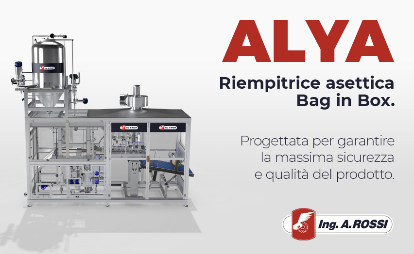 Rendering 3D di Alya, riempitrice asettica Bag-in-Box progettata da Ing. A. Rossi